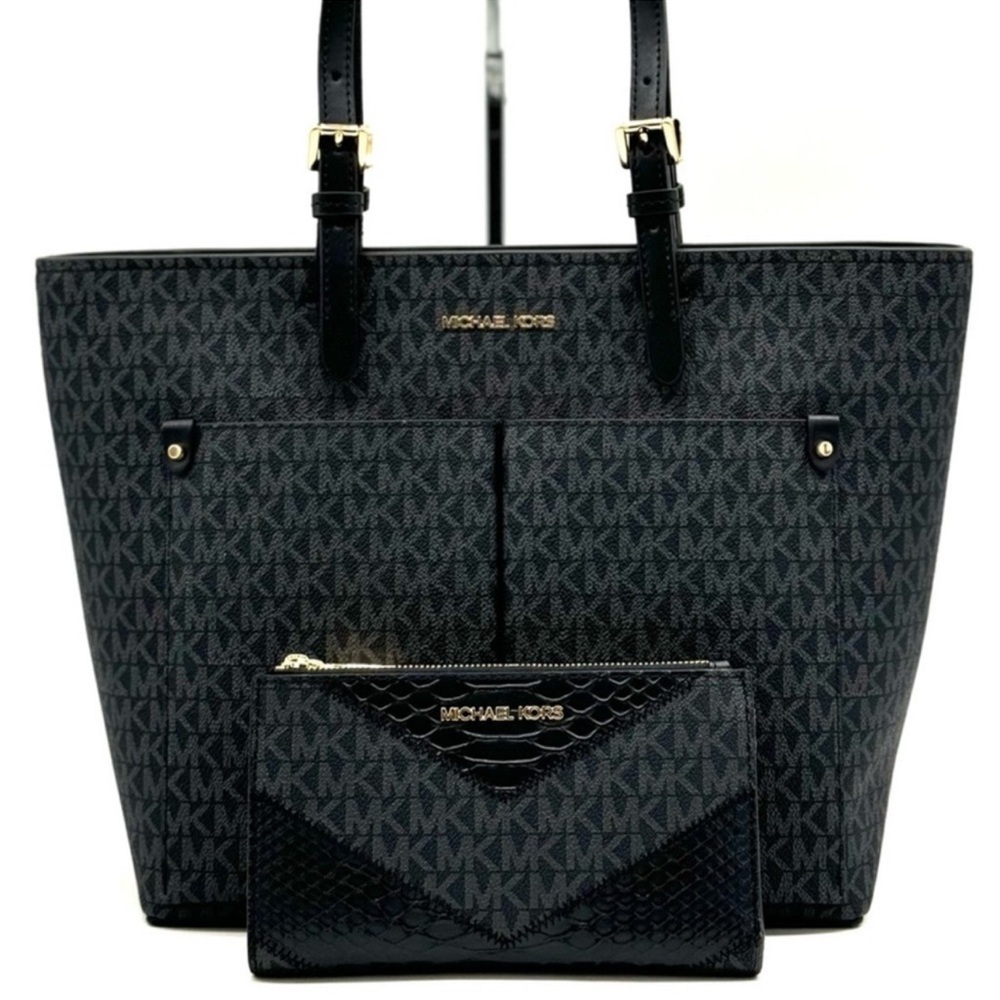 Michael Kors Jet Set Medium Pocket Tote Bag & Double Zip Wallet Black Multi - Picture 2 of 13